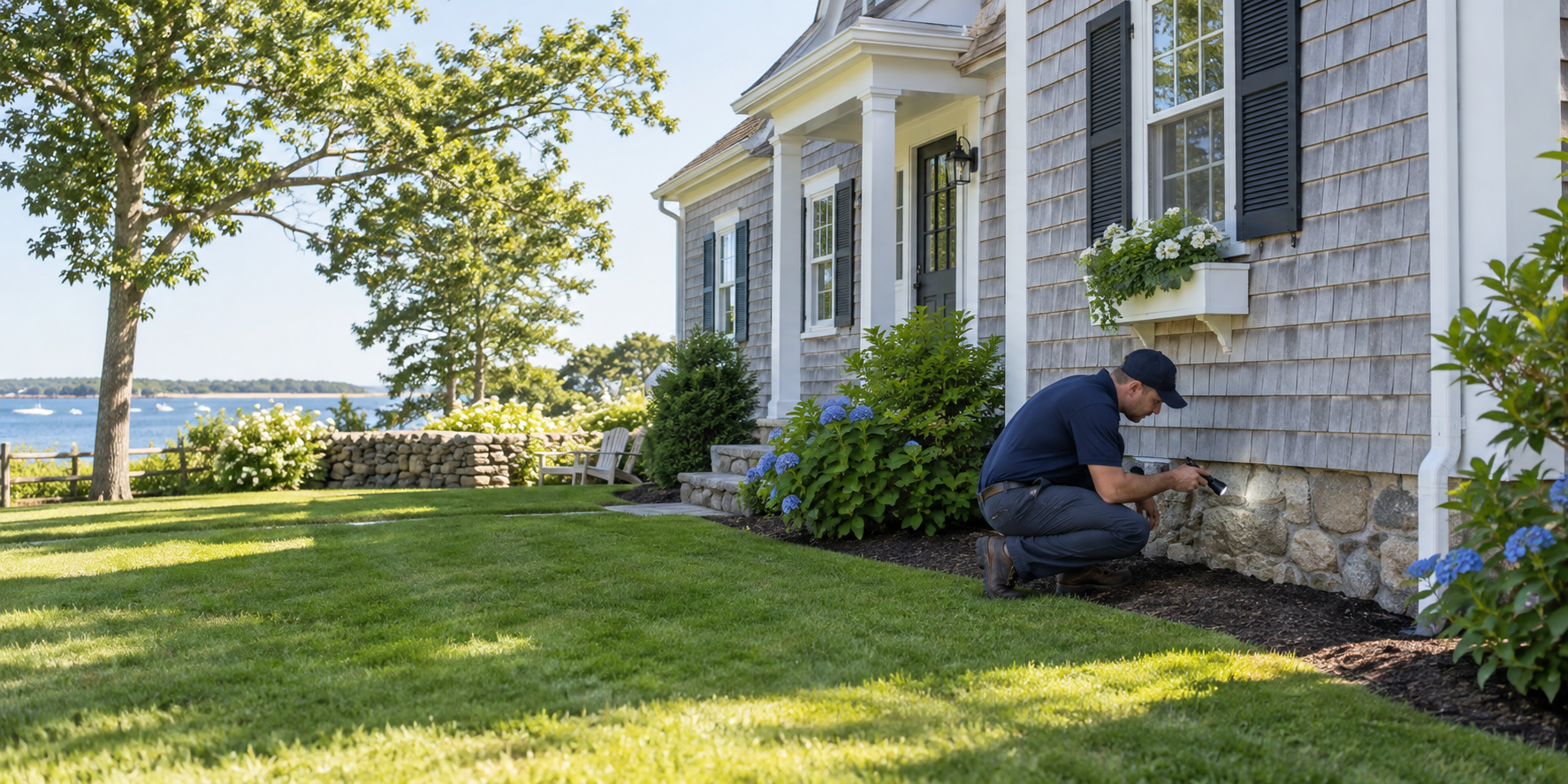 Pest-control technician inspecting the foundation of a New England home